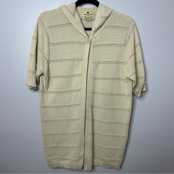 Woolrich Waffle Knit Short Sleeve One Button Hooded Top Medium Beige - Picture 3 of 14